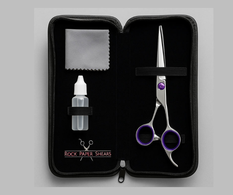 Rock Paper Shears case with a silver shear featuring purple accents, shear oil, and microfiber cloth neatly stored inside