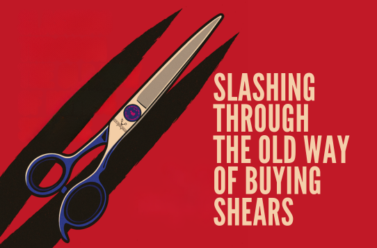 Rock Paper Hair Cutting Shears on red background with black shadow