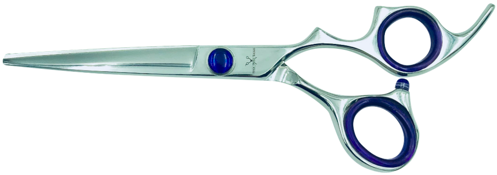 Hair cutting shears with blue handles on a white background