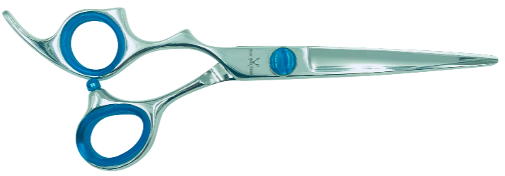 Hair cutting shears with blue handles on a white background