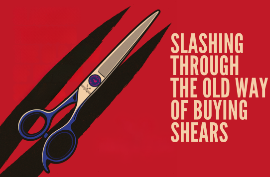 Hair Cutting Shears with Rock Paper Shears logo on a red background with text.