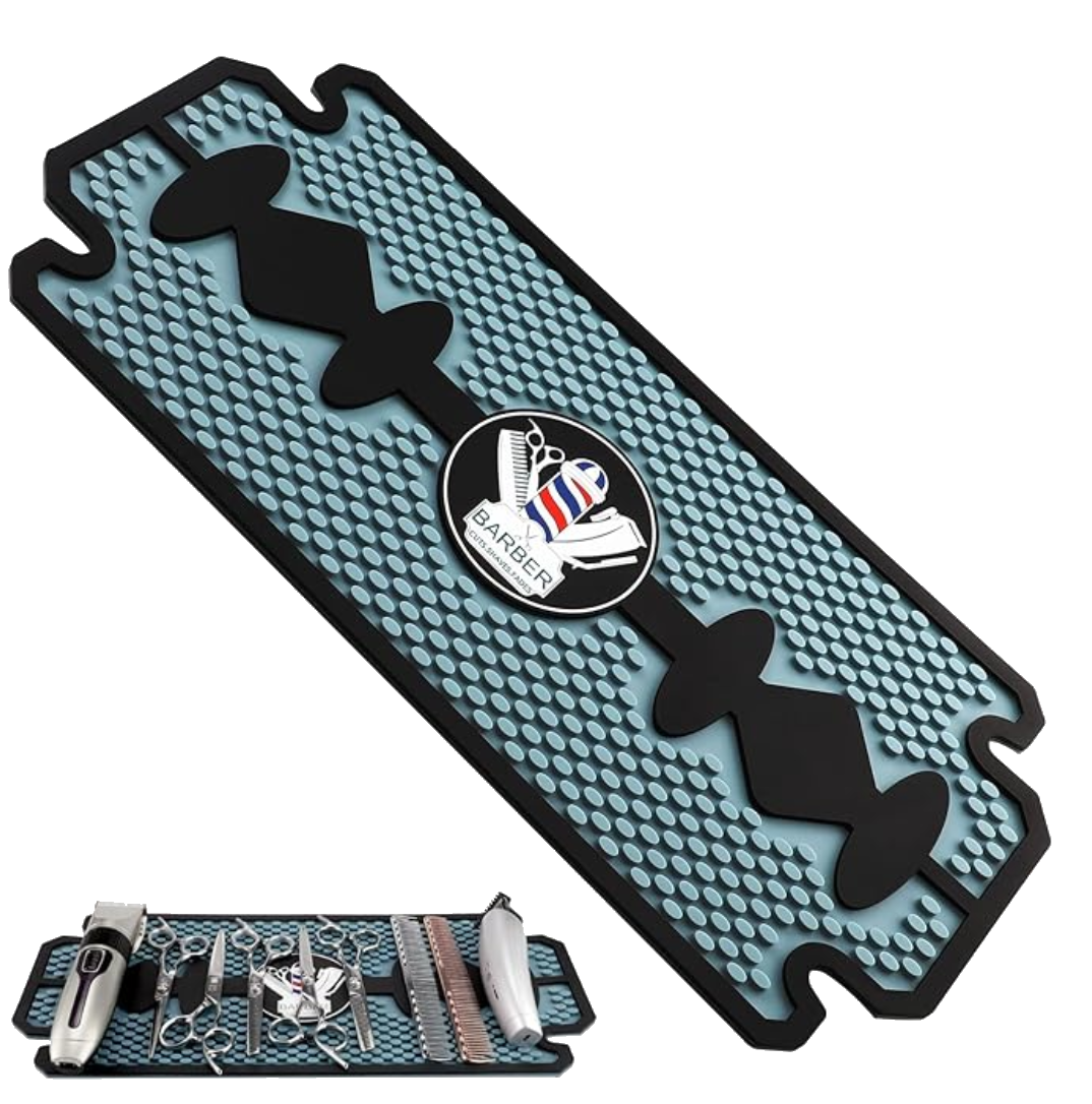 Blue silicone Noverlife mat protects salon counters from hot tools like irons and clippers