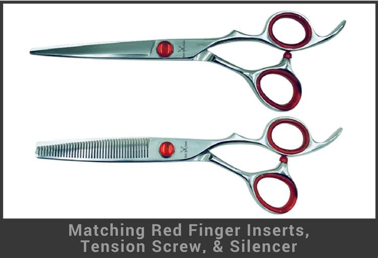 Hair Cutting Shears with Matching Red Finger Inserts, Tension Screw, & Silencer