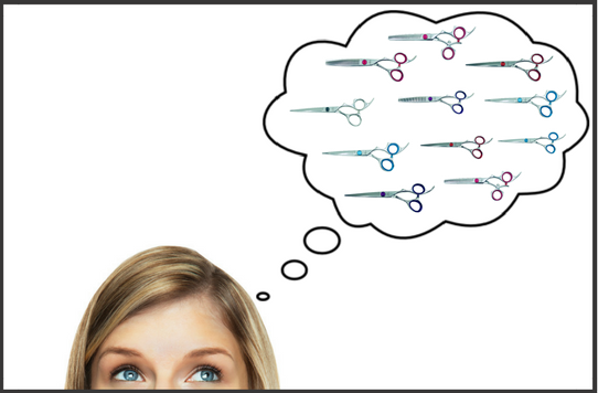 : A woman’s head with a thought bubble above her, filled with various colorful hair-cutting shears.