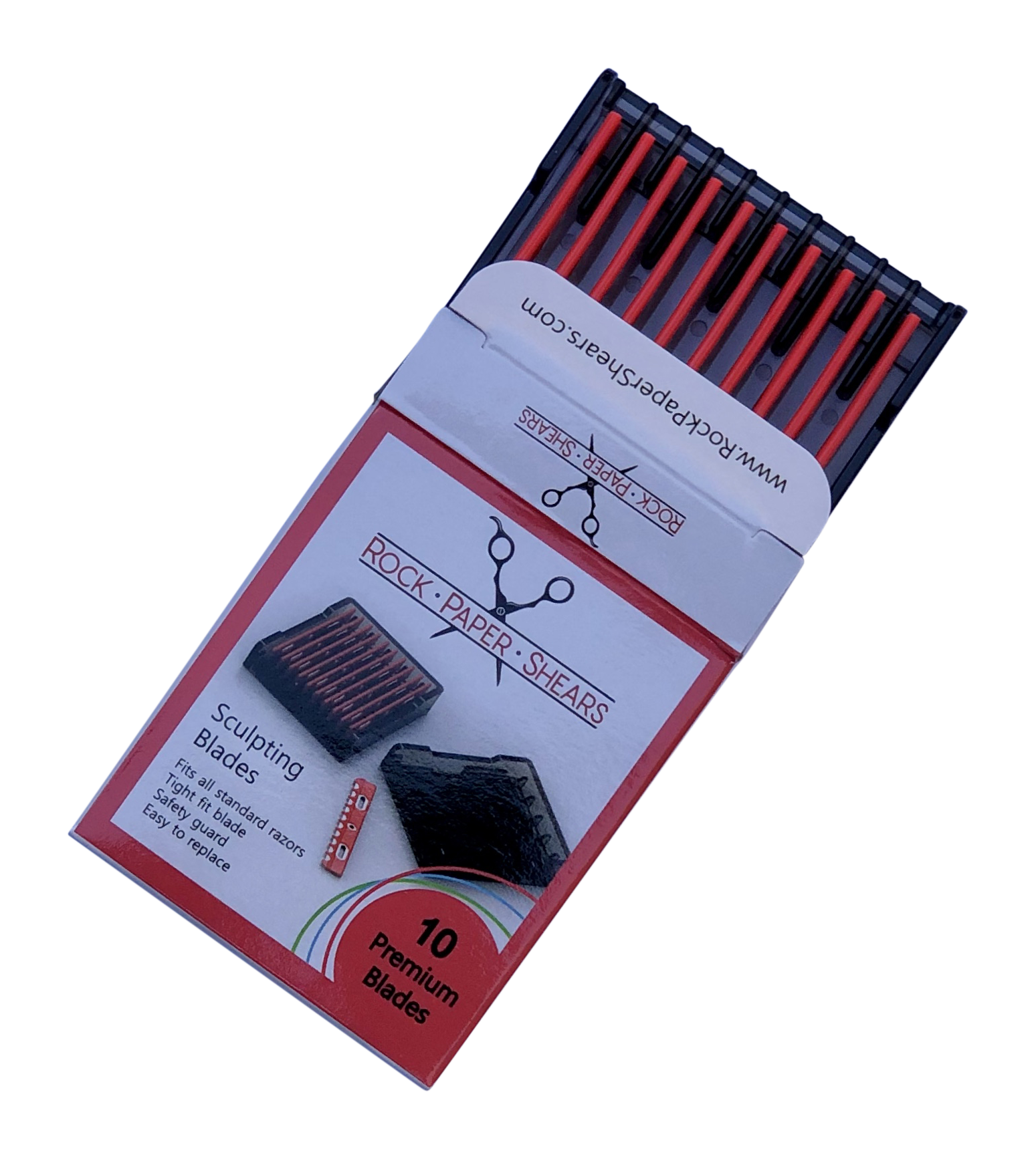 Box of Rock Paper Shears sculpting blades partially open, showing 10 red premium blades in a black tray.
