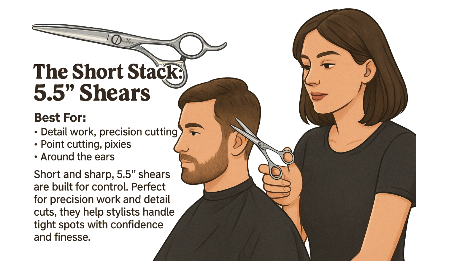 Stylist using 5.5 inch shears for detail work around a male client's ear during a haircut