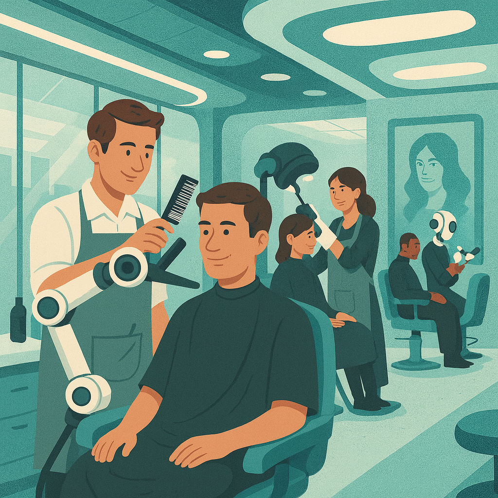 A stylized digital illustration of a futuristic salon where human stylists use robotic arms and AI-assisted tools to cut and style clients’ hair in a clean, modern setting with teal tones.