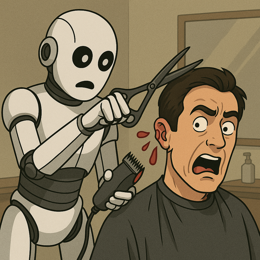 A retro-style digital illustration of a humanoid robot barber accidentally cutting a male client’s ear, with red drops indicating injury, in a muted teal and beige barbershop setting.