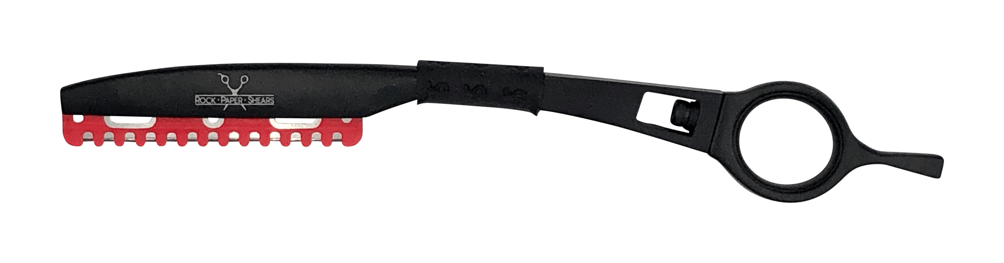 Black sculpting razor with guard by Rock Paper Shears, perfect for texturizing and detailed haircuts