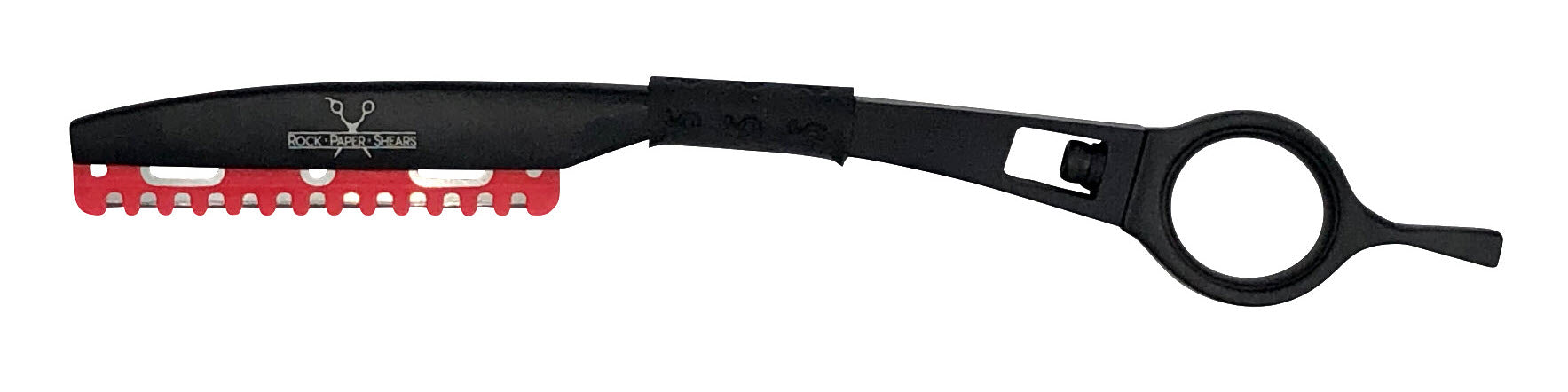Rock Paper Shears sculpting razor with black handle and red safety blade installed.
