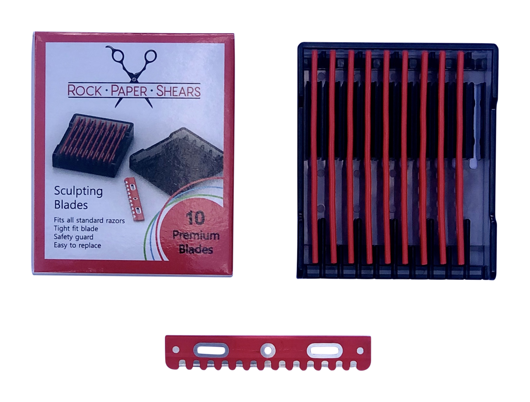 Rock Paper Shears sculpting blade set with packaging, plastic case of 10 blades, and a single red blade shown separately.