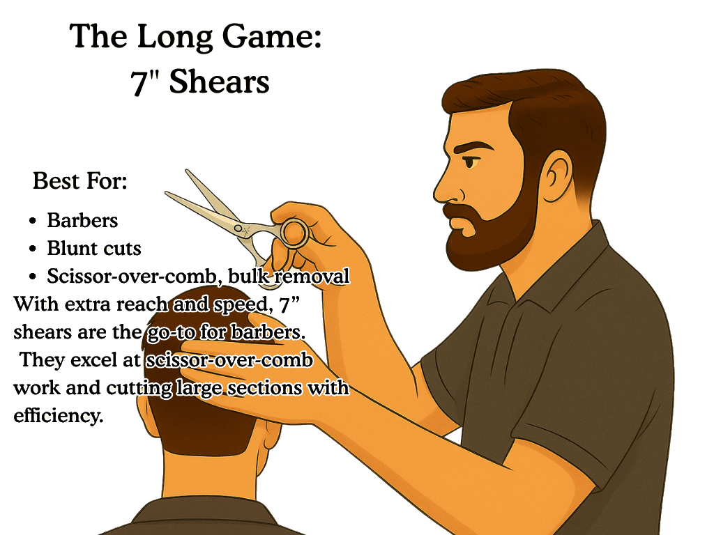 Barber using 7-inch shears to perform a scissor-over-comb cut on a male client