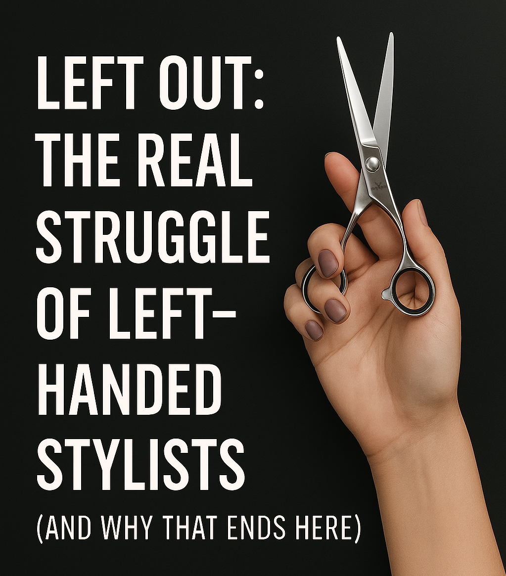 Left-handed stylist holding silver shears with bold white text highlighting the challenges faced by left-handed professional